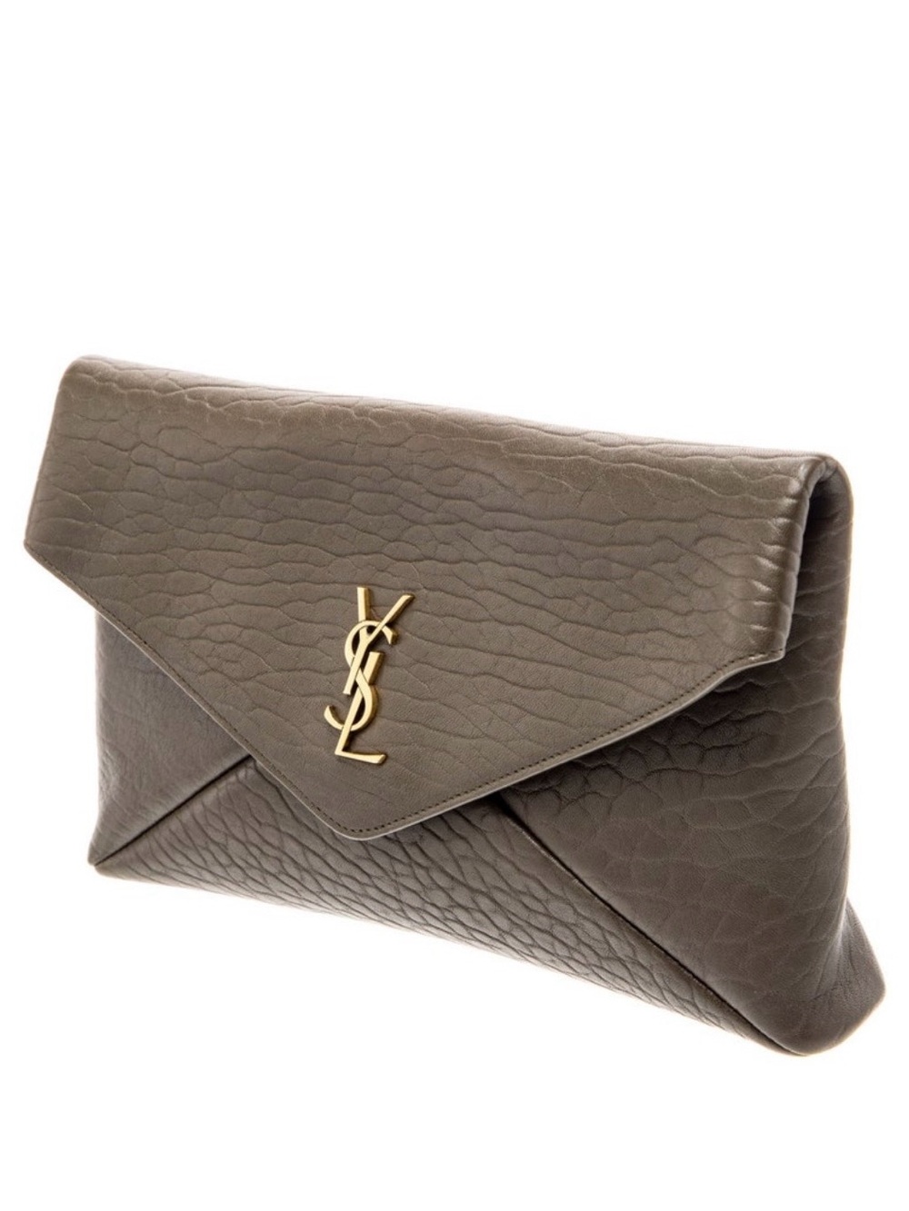 Saint Laurent Olive Textured Envelope Clutch with Gold YSL